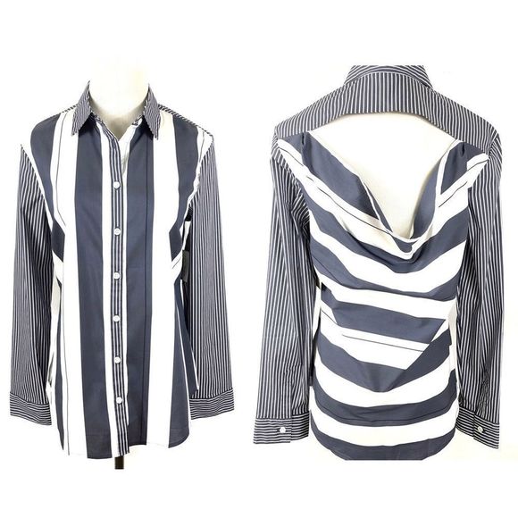 NWT BELLE SKY Button Blue Striped Open Back Top - Picture 2 of 10